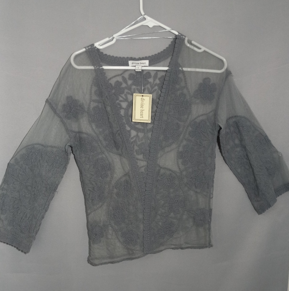 Embroidered Sheer Gray Cardigan Size: L